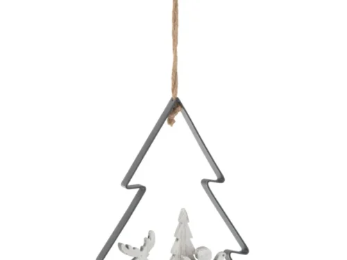 Beeld Stetun Hout Wit H28 cm kersthanger met boom, rendier en engel in houten frame