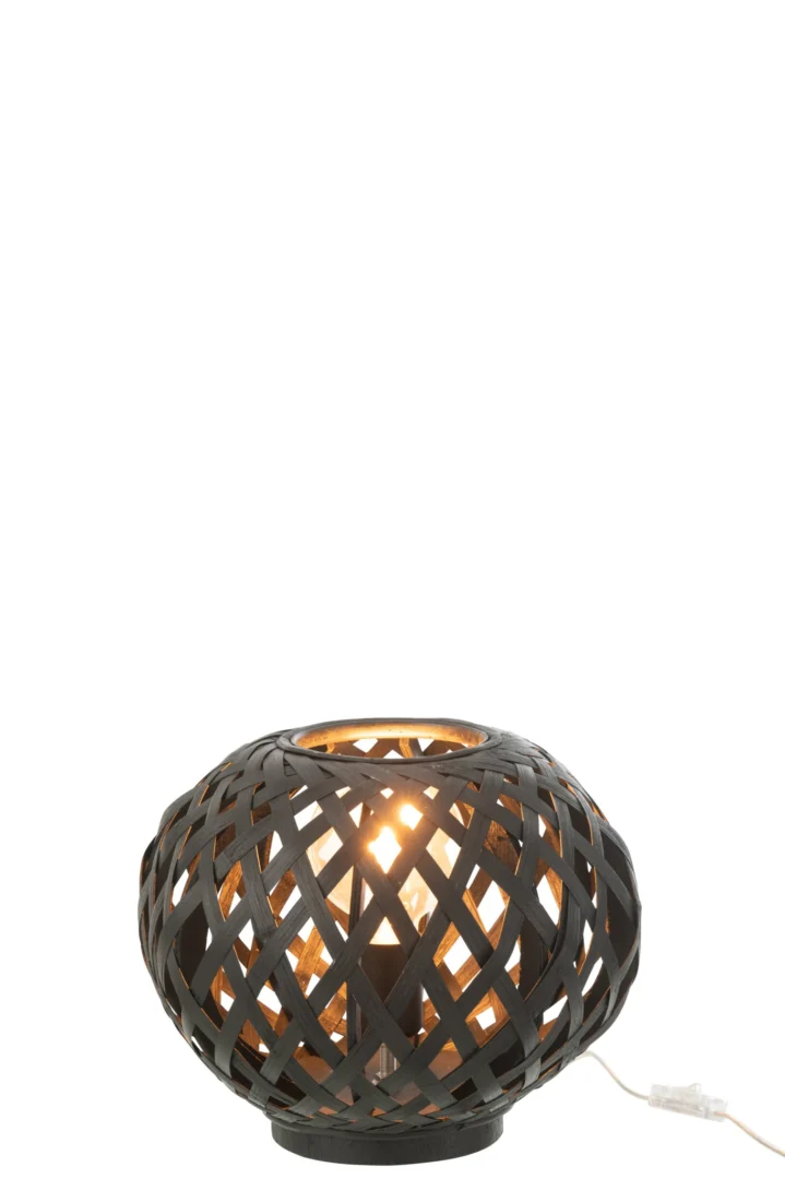 Tafellamp Liemmund van zwart bamboe met warme gloed en compact rond design, H24,5 cm