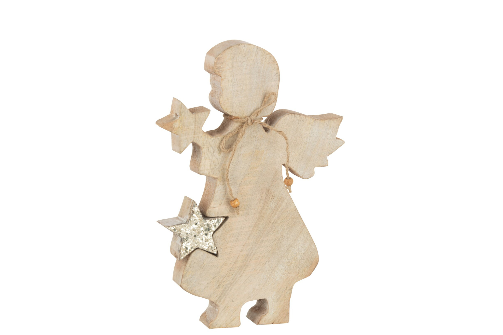Decoratiefiguur Hamina mangohout goud, slanke engel met steraccent en touwdetails, H29 cm
