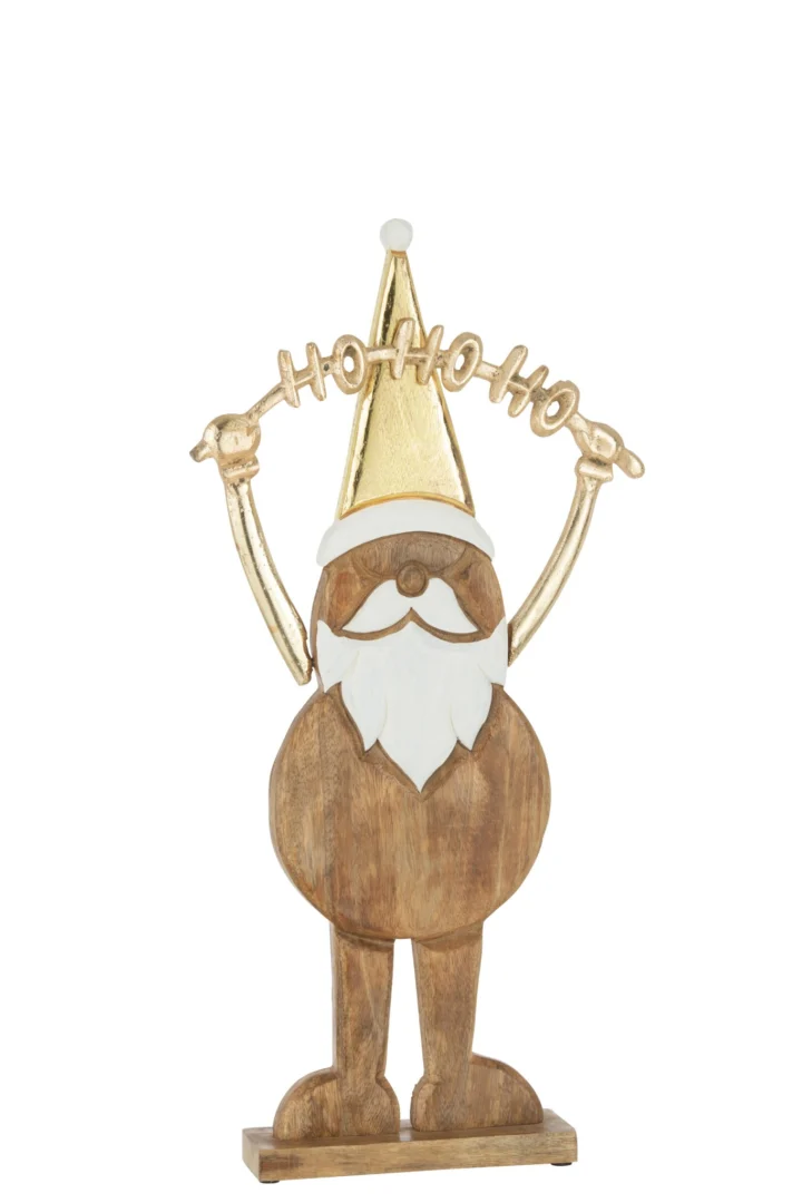 Stulder houten gouden Kerstman decoratiefiguur H62 cm met Ho Ho Ho-tekst en feestelijke uitstraling