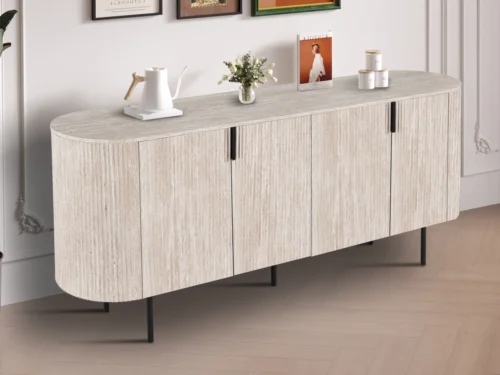 Beige Dressoir Side 200 cm met ronde hoeken, houtlook fronten en zwarte poten in een rustige woonkamer