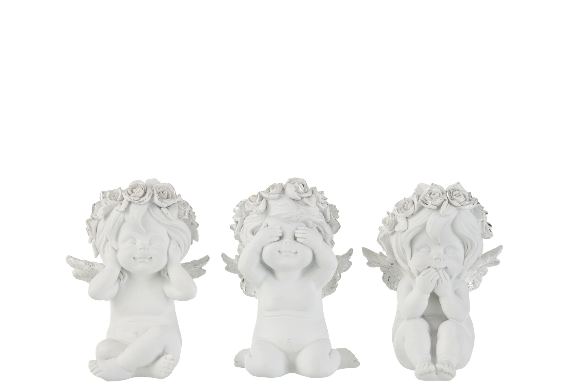 Decoratiefiguur Griendak zilver, set van 3 engeltjes met bloemenkrans, H14 cm, sierlijk woonaccessoire