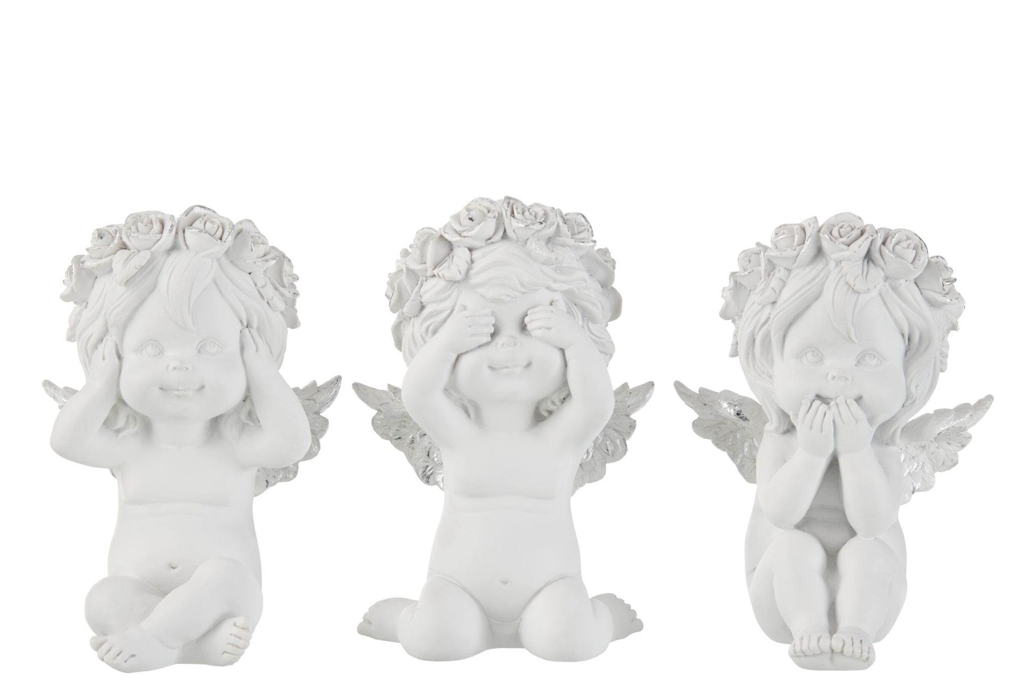 Decoratiefiguur Preillon zilver, set van 3 engeltjes met bloemenkroon en speelse houding