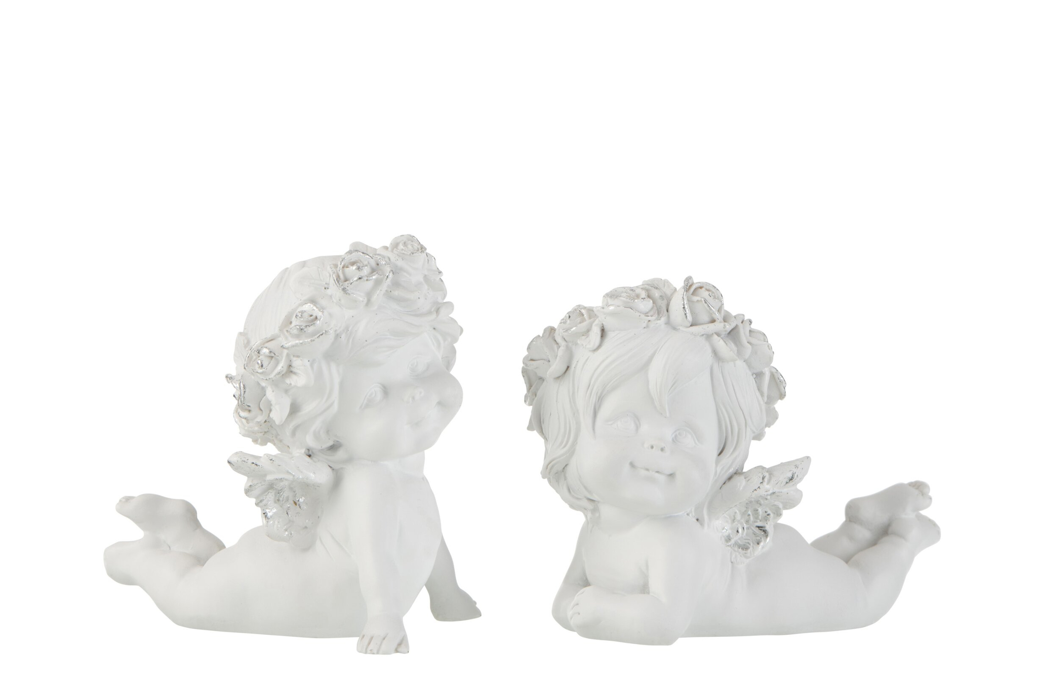 Grivella zilveren liggende engelen decoratiefiguren set van 2, H11 cm, sierlijk en compact