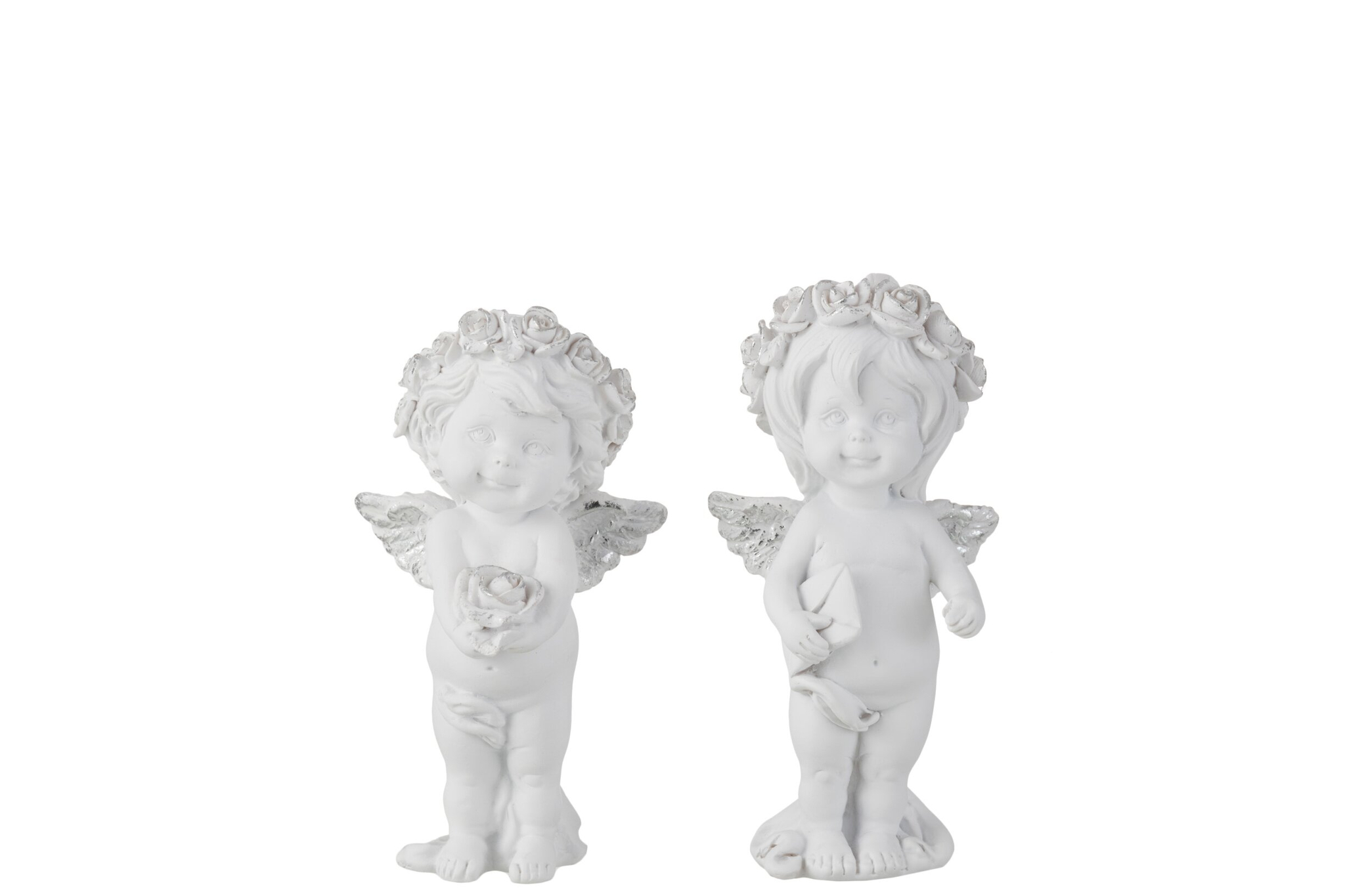 Foommio polyresin engelen set van 2 in zilver, met bloemenkrans en sierlijke details, 14 cm hoog