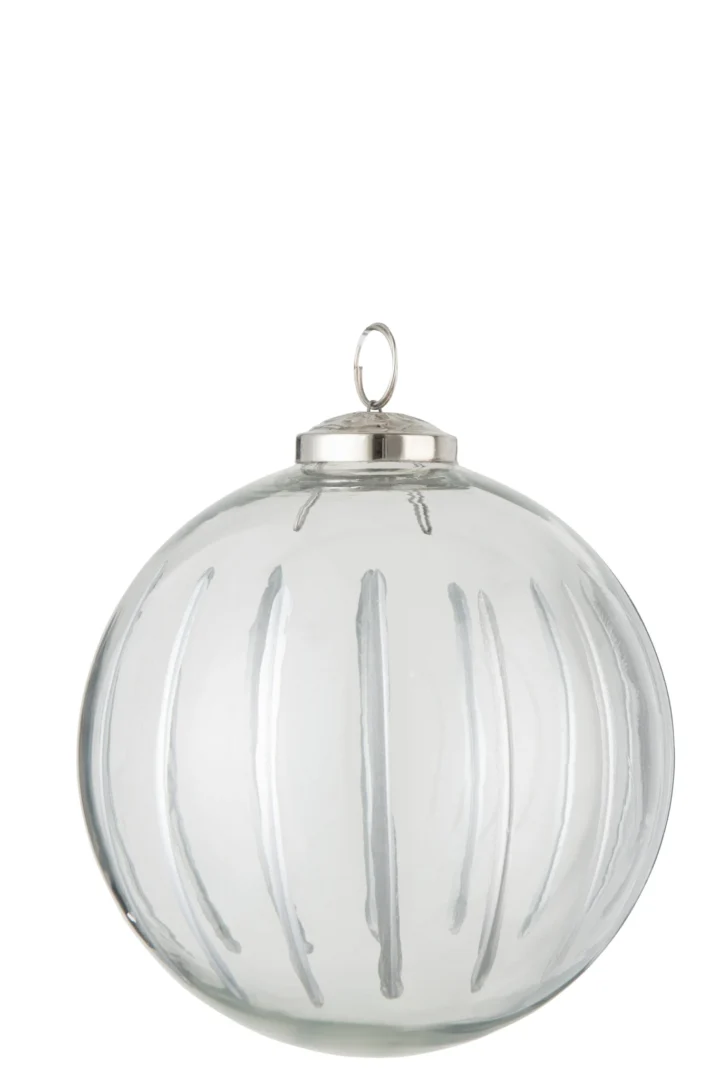 Transparante glazen Kerstballen Trieskira Zilver met elegante zilverstrepen en ophanglus