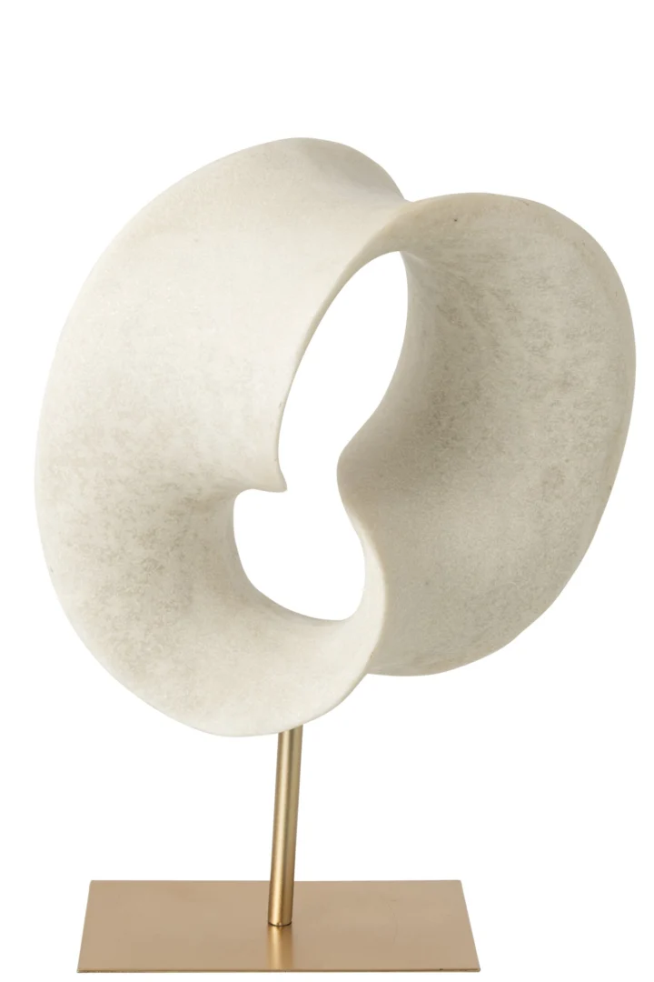 Naute abstracte decoratie wit van polyresin op goudkleurige voet, stijlvol en sculpturaal