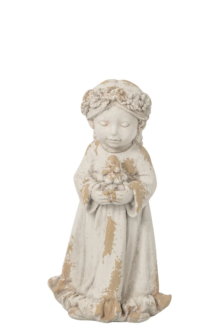Engelenbloem Meinno beige decoratiebeeld met bloemenkroon, zachte vintage look en rustieke afwerking