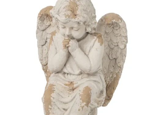 Beige zittend engelbeeld Zubano H56 cm, sierlijk decoratiefiguur voor tuin of buitenruimte