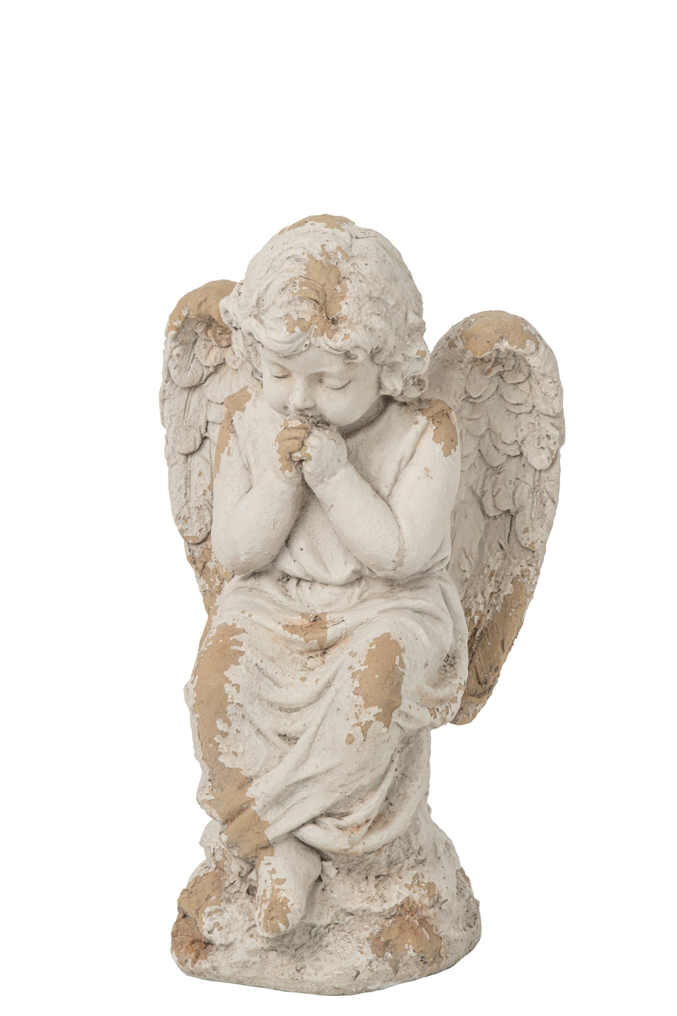 Beige zittend engelbeeld Zubano H56 cm, sierlijk decoratiefiguur voor tuin of buitenruimte