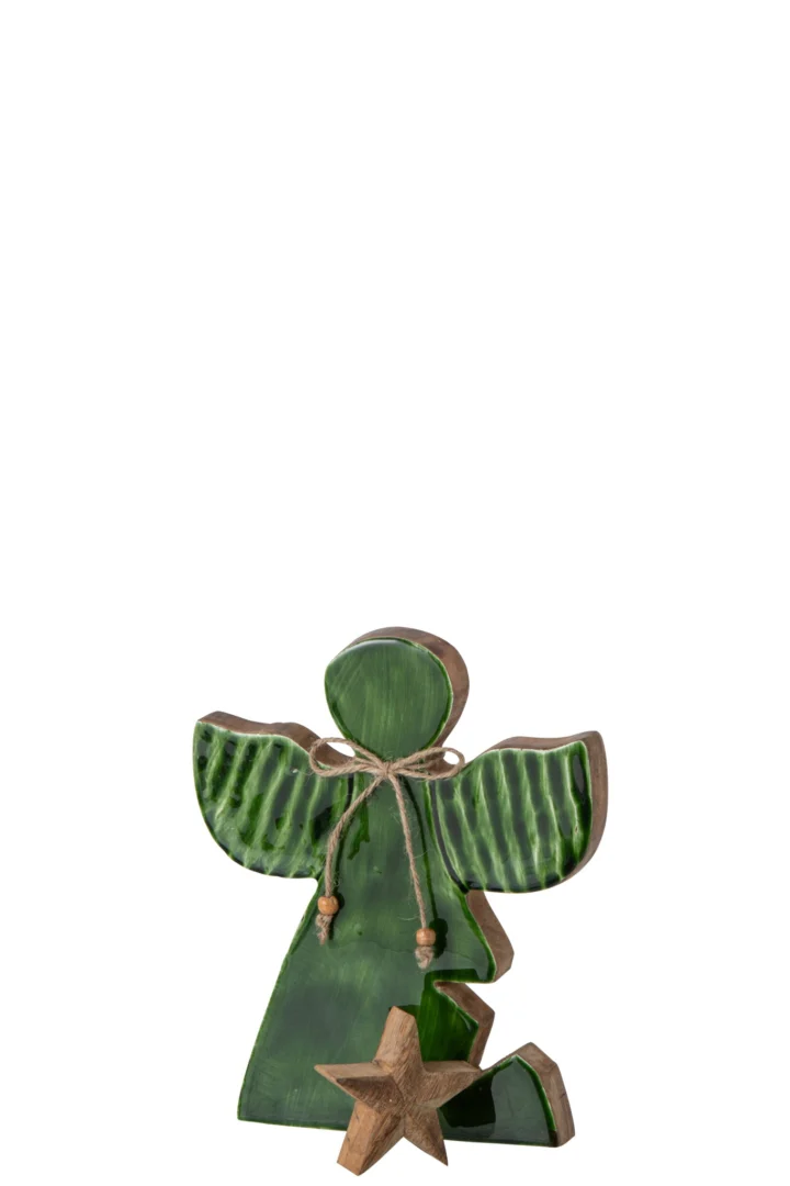 Decoratiefiguur Nommum van mangohout in naturel en groen met touwdetail en houten ster, H22 cm