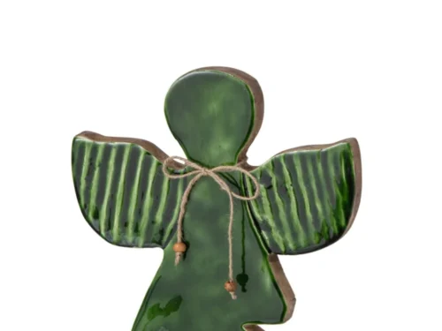 Groene Leerraro decoratie van mangohout met houten ster en naturel afwerking op voetstuk