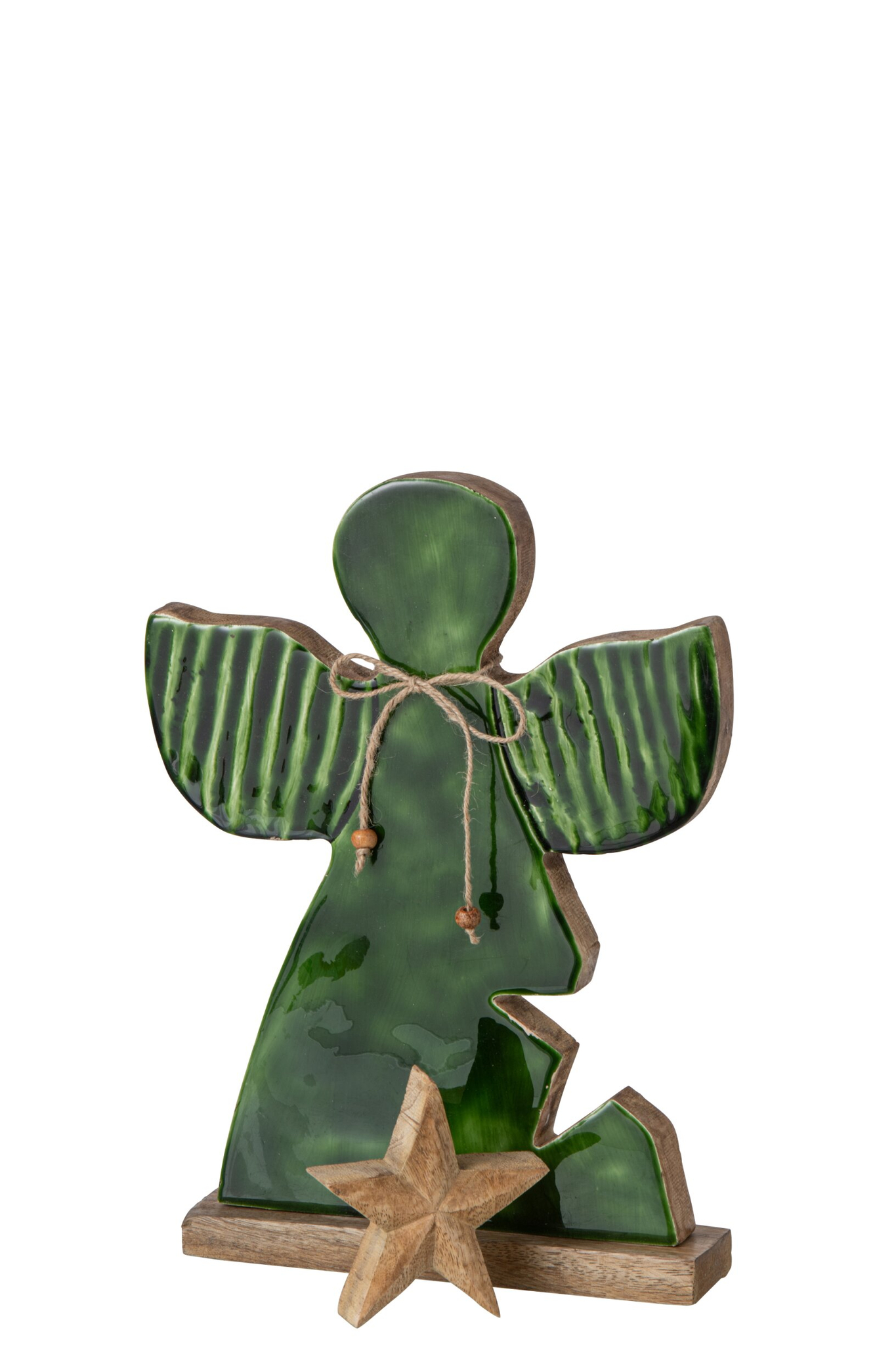 Groene Leerraro decoratie van mangohout met houten ster en naturel afwerking op voetstuk