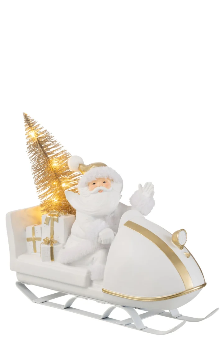 Decoratiefiguur Hensio Wit H30 cm: kerstman in witte slee met gouden details en verlichte boom, feestelijk woonaccessoire
