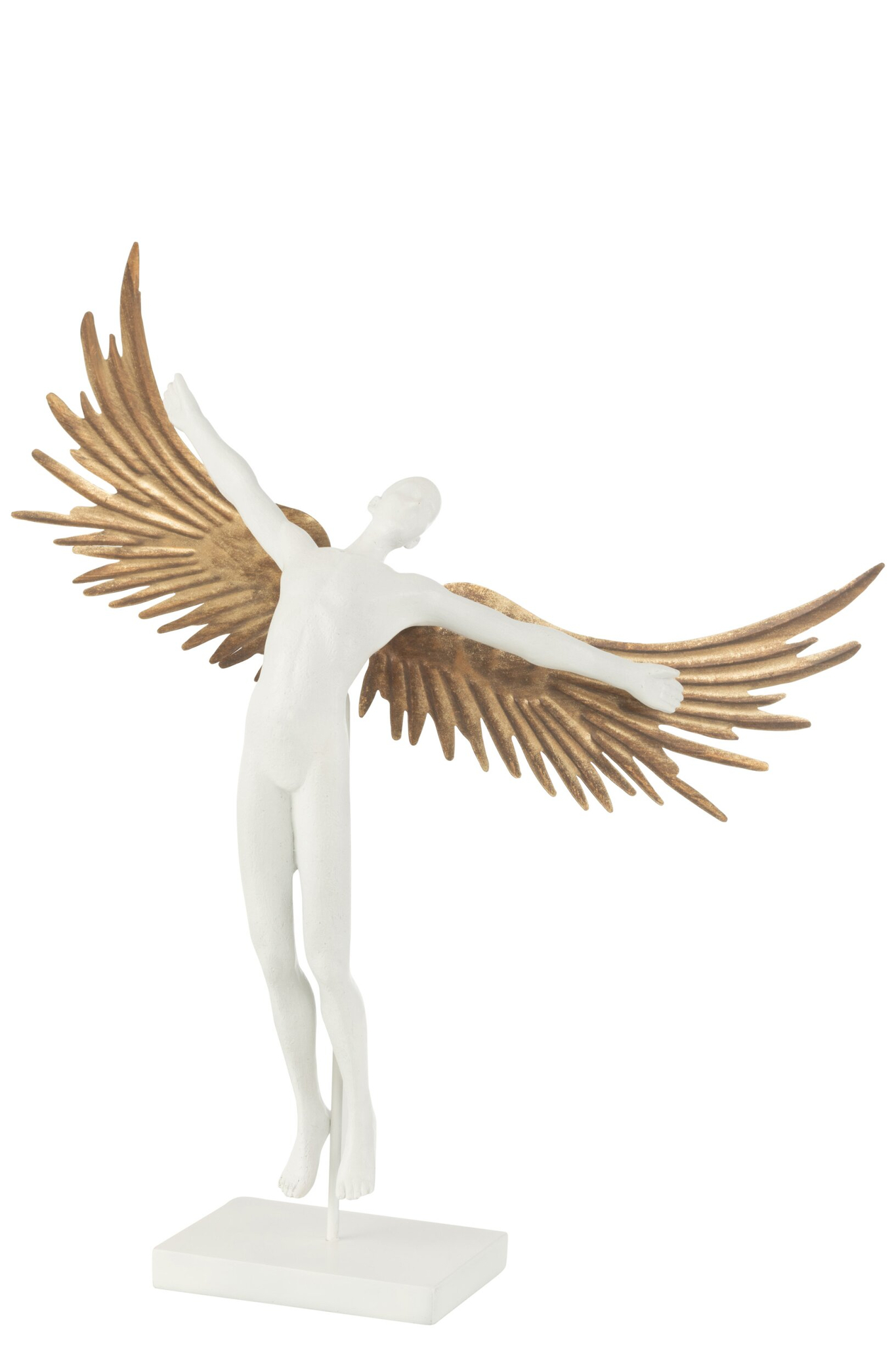 Wit engelbeeld Finsal met gouden vleugels op voet, decoratiefiguur H43 cm voor stijlvolle woondecoratie