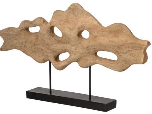 Decoratie Dielino mangohout naturel met abstracte vorm, open uitsparingen en zwarte ijzeren voet