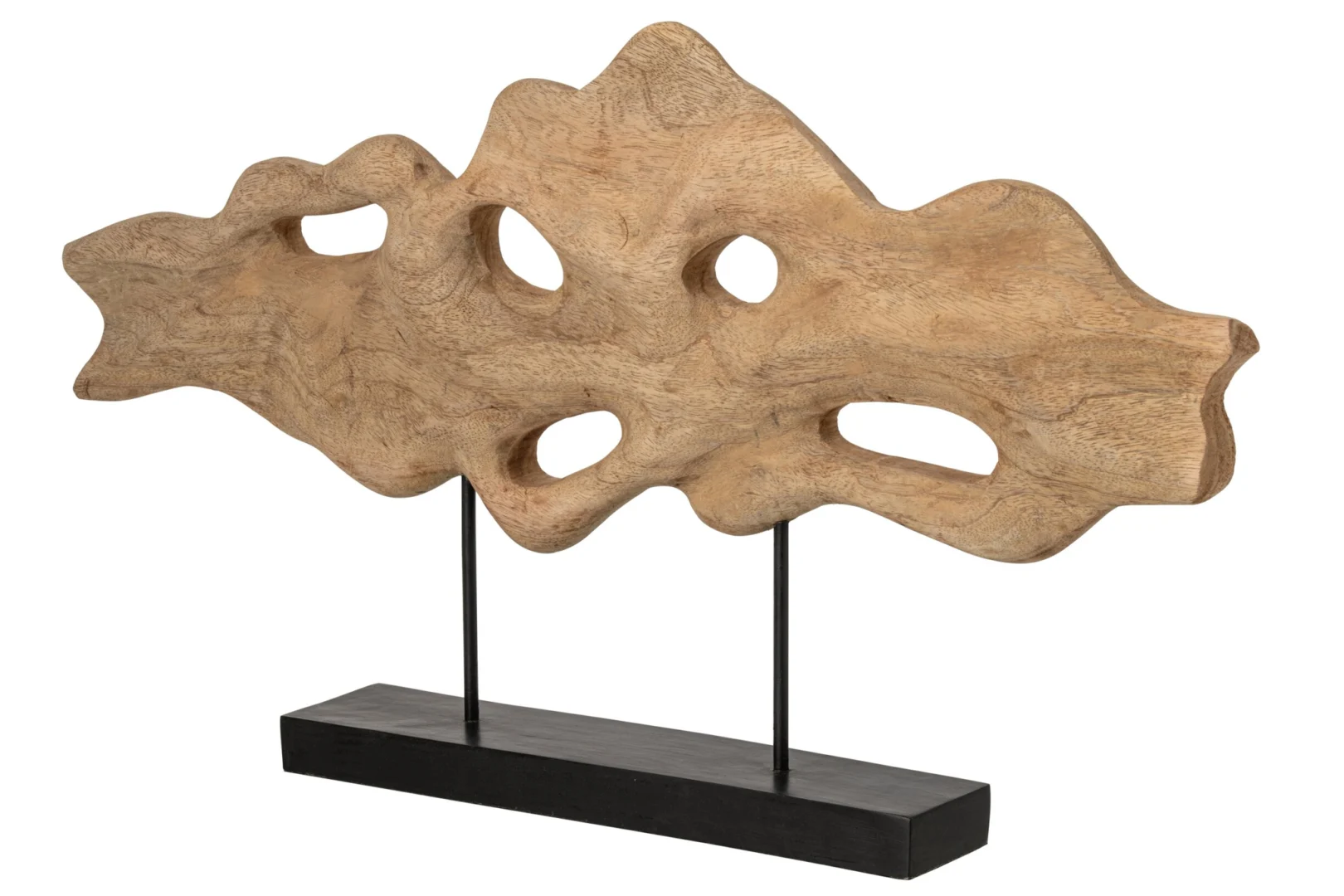 Decoratie Dielino mangohout naturel met abstracte vorm, open uitsparingen en zwarte ijzeren voet