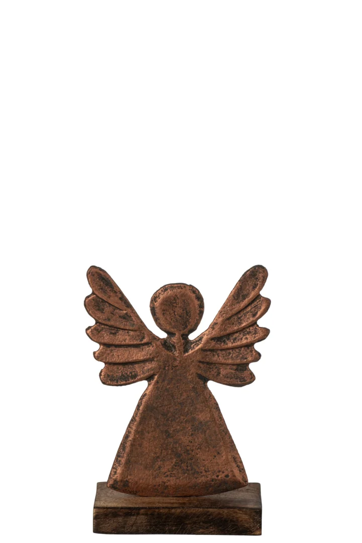 Raunnesta decoratiefiguur van koperkleurig aluminium met mangohouten voet, 15 cm hoog