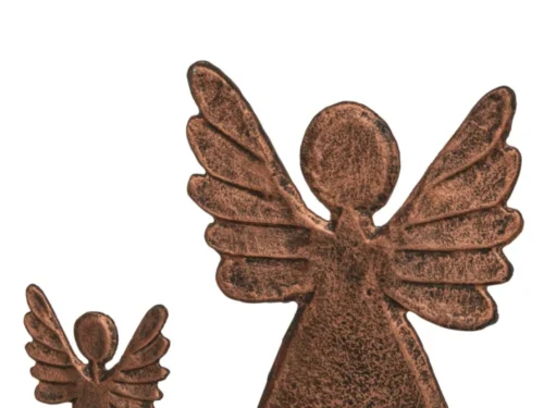 Decoratiefiguur Saalvir aluminium koper op mangohouten voet, engel met slank silhouet, 32 cm hoog