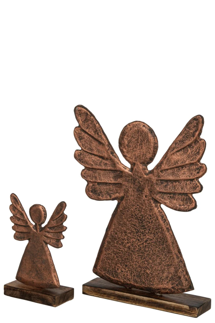 Decoratiefiguur Saalvir aluminium koper op mangohouten voet, engel met slank silhouet, 32 cm hoog