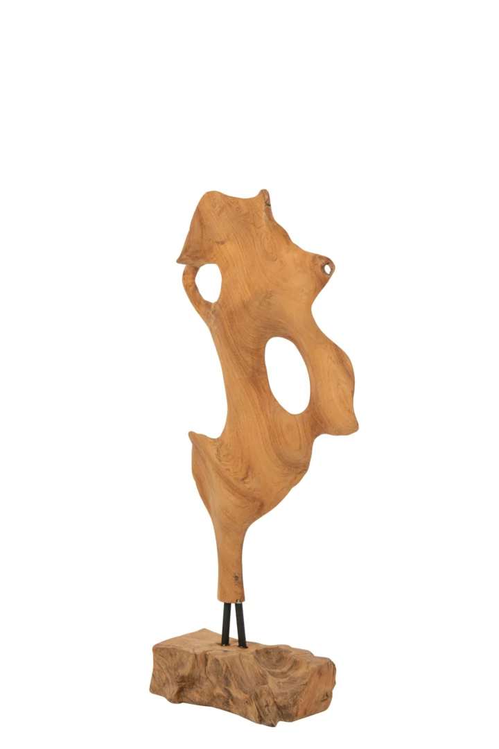 Decoratie Huskero van naturel teakhout, abstracte vorm op houten voet, stijlvolle woonaccessoire