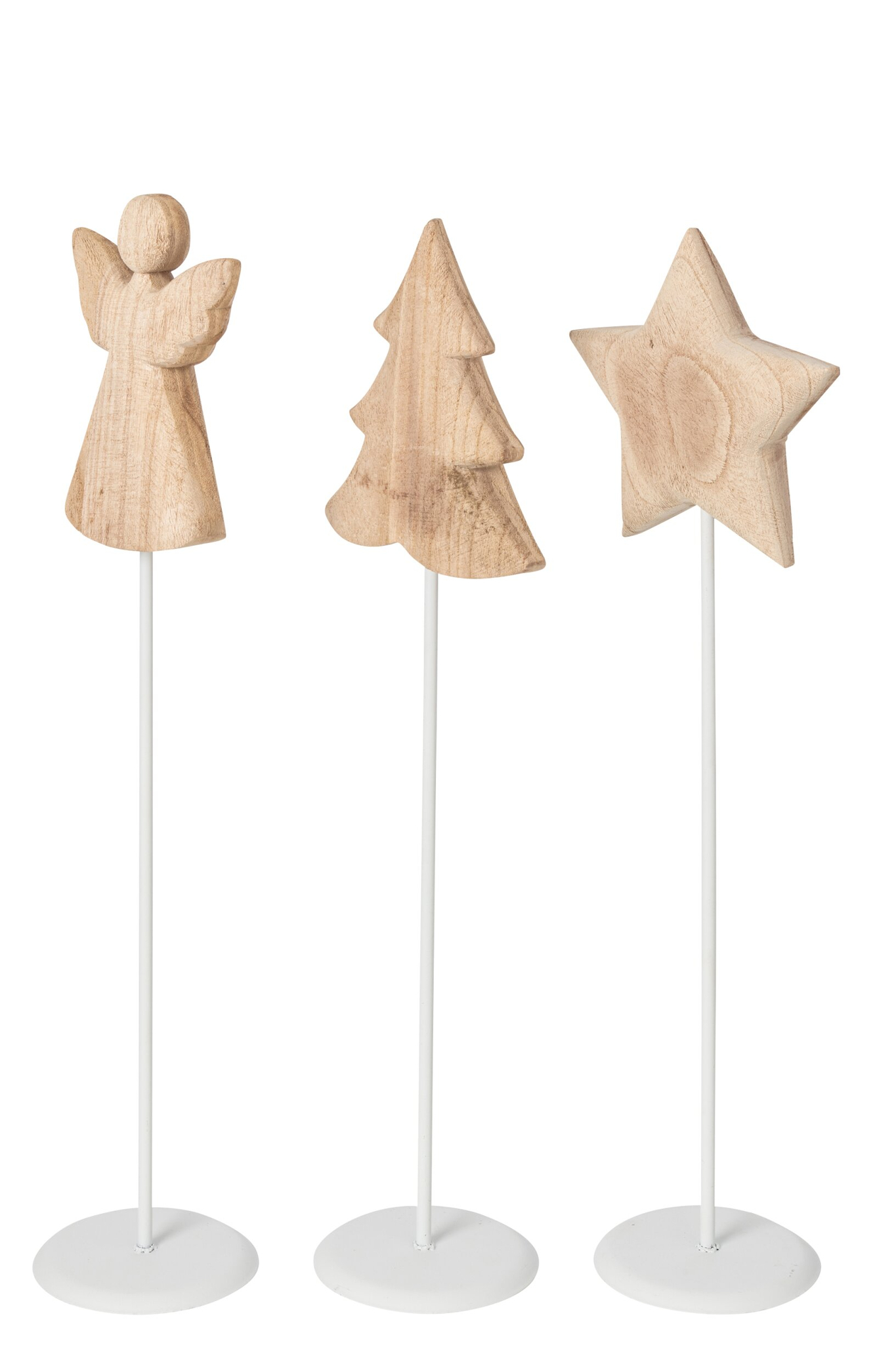 Kunstboom Jerona Hout set van 3 met engel, boom en ster in wit en naturel op metalen standaard