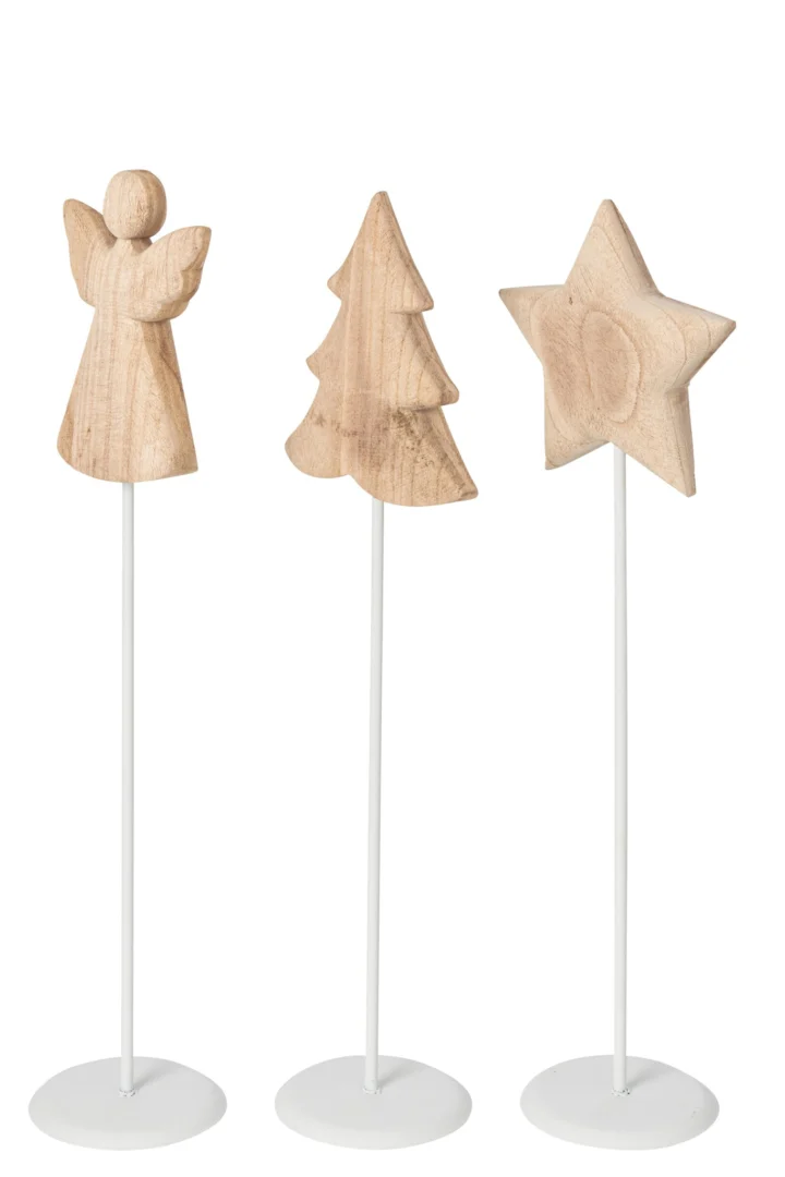 Kunstboom Jerona Hout set van 3 met engel, boom en ster in wit en naturel op metalen standaard