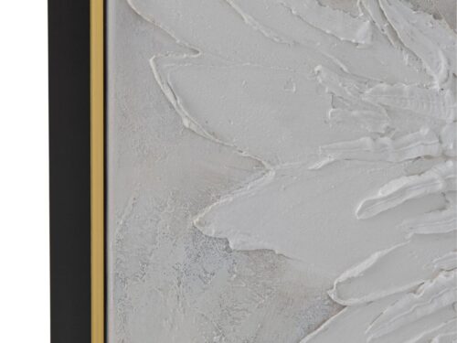 Schilderij Leidesta Wit met witte reliëfbladeren in zwart-gouden lijst, elegante wanddecoratie