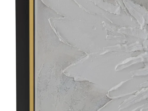 Schilderij Leidesta Wit met witte reliëfbladeren in zwart-gouden lijst, elegante wanddecoratie