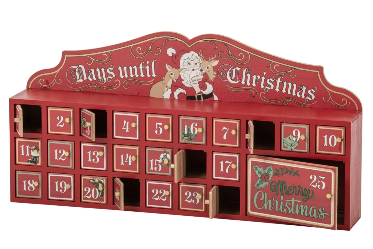 Woonaccessoire Zuldero houten adventskalender rood-wit met 25 vakjes en kerstprint