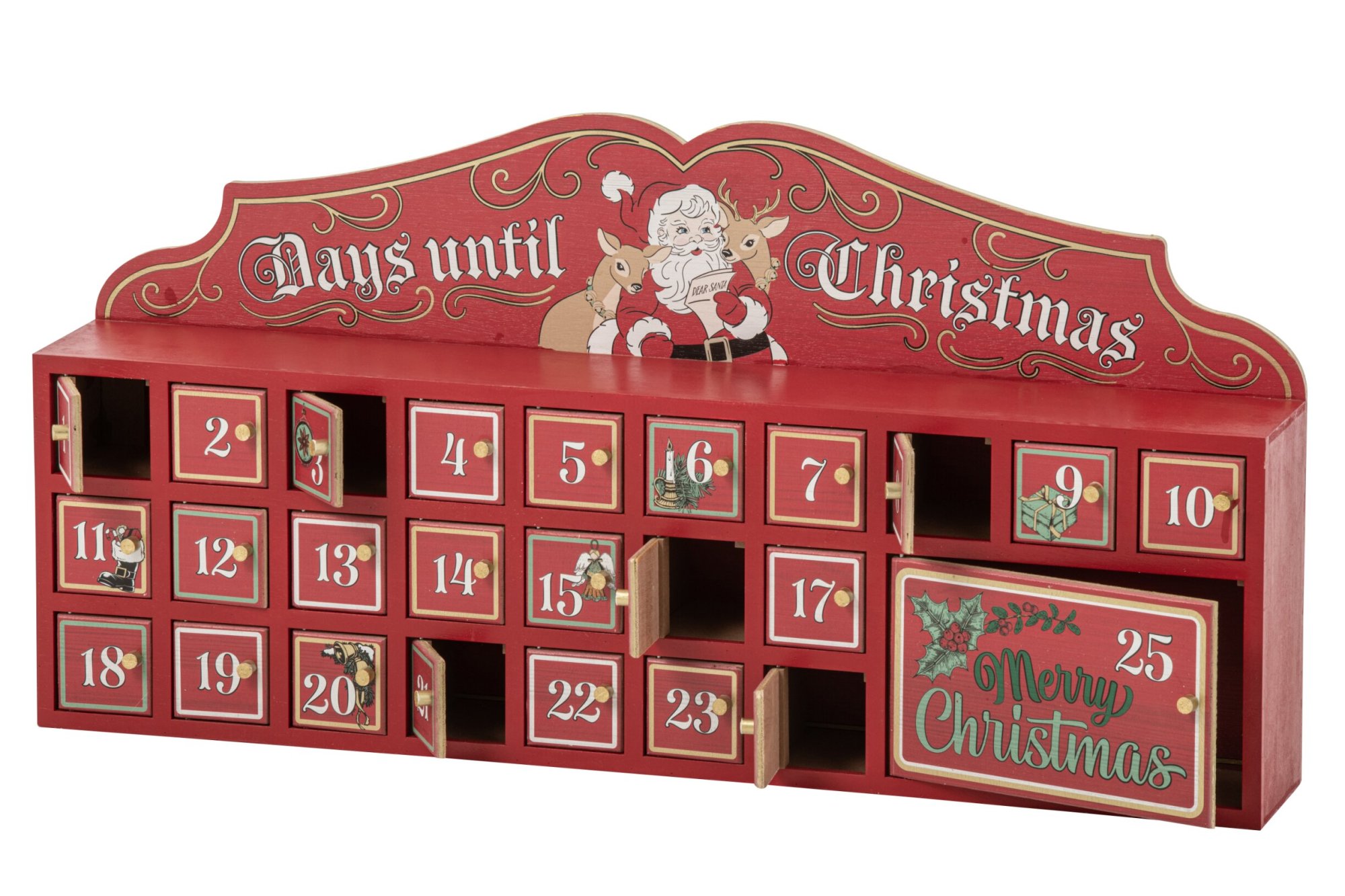 Woonaccessoire Zuldero houten adventskalender rood-wit met 25 vakjes en kerstprint