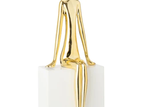 Tafellamp Foommund Glas H72 cm, gouden zittende figuur op witte sokkel met glazen bolenkap