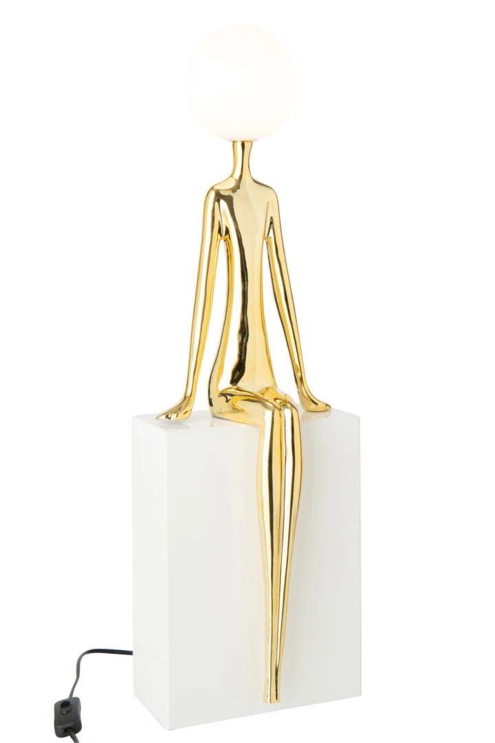 Tafellamp Foommund Glas H72 cm, gouden zittende figuur op witte sokkel met glazen bolenkap