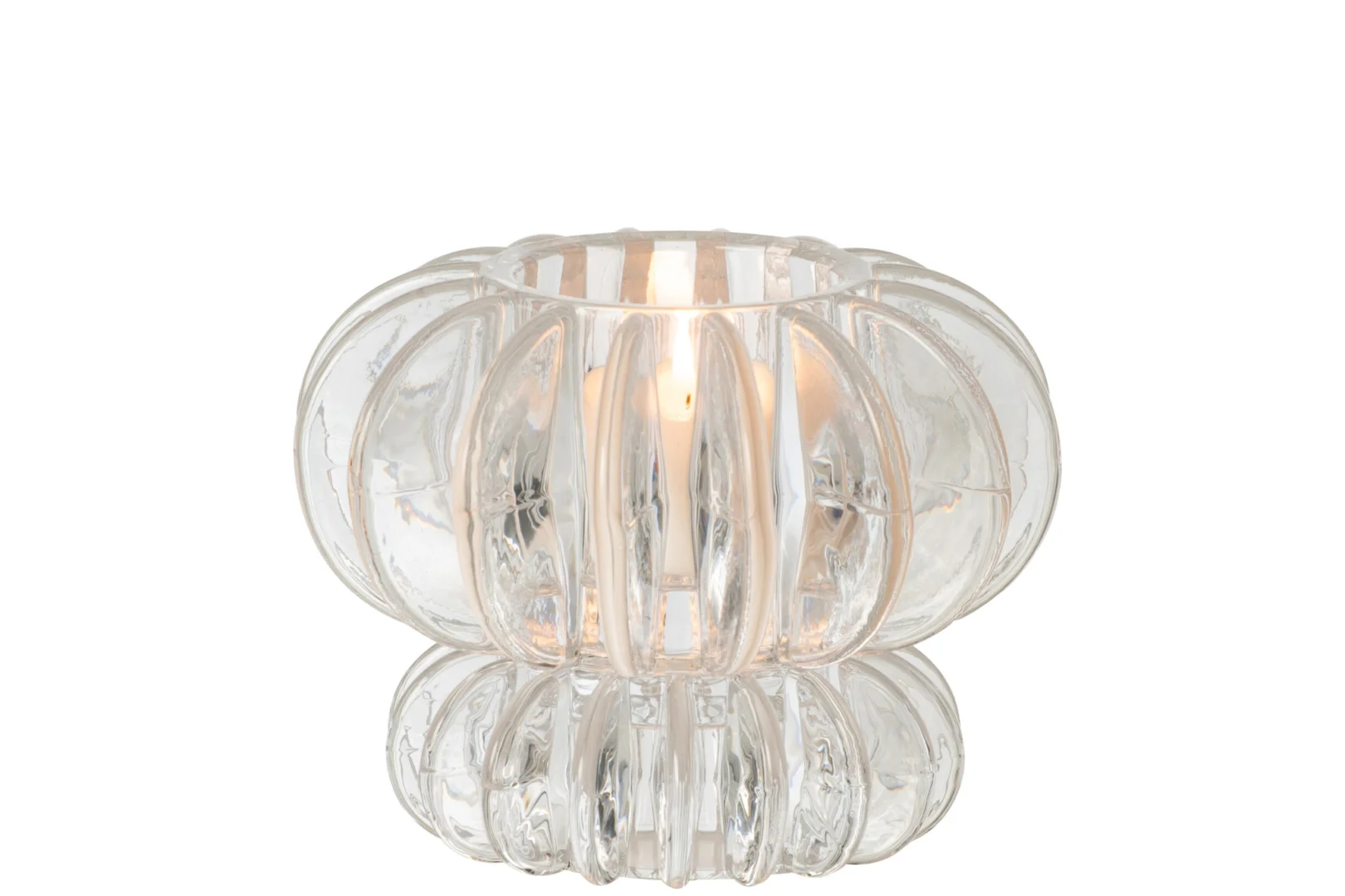 Transparante glazen waxinelichthouder Bob Tiellora met warm licht en geribbeld design