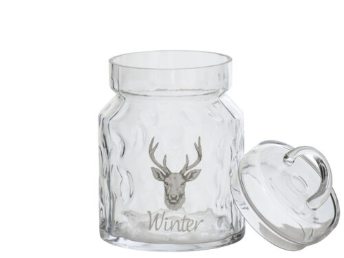 Voorraadpot Dauntek glas wit met hert en Winter-opdruk, transparant met deksel