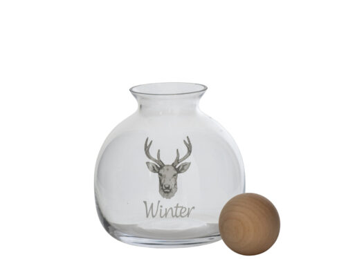 Karaf Dommia wit glas met hertenprint en houten accent, compacte decoratieve woonaccessoire