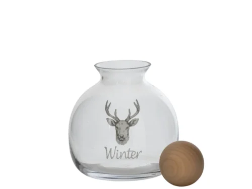 Karaf Dommia wit glas met hertenprint en houten accent, compacte decoratieve woonaccessoire