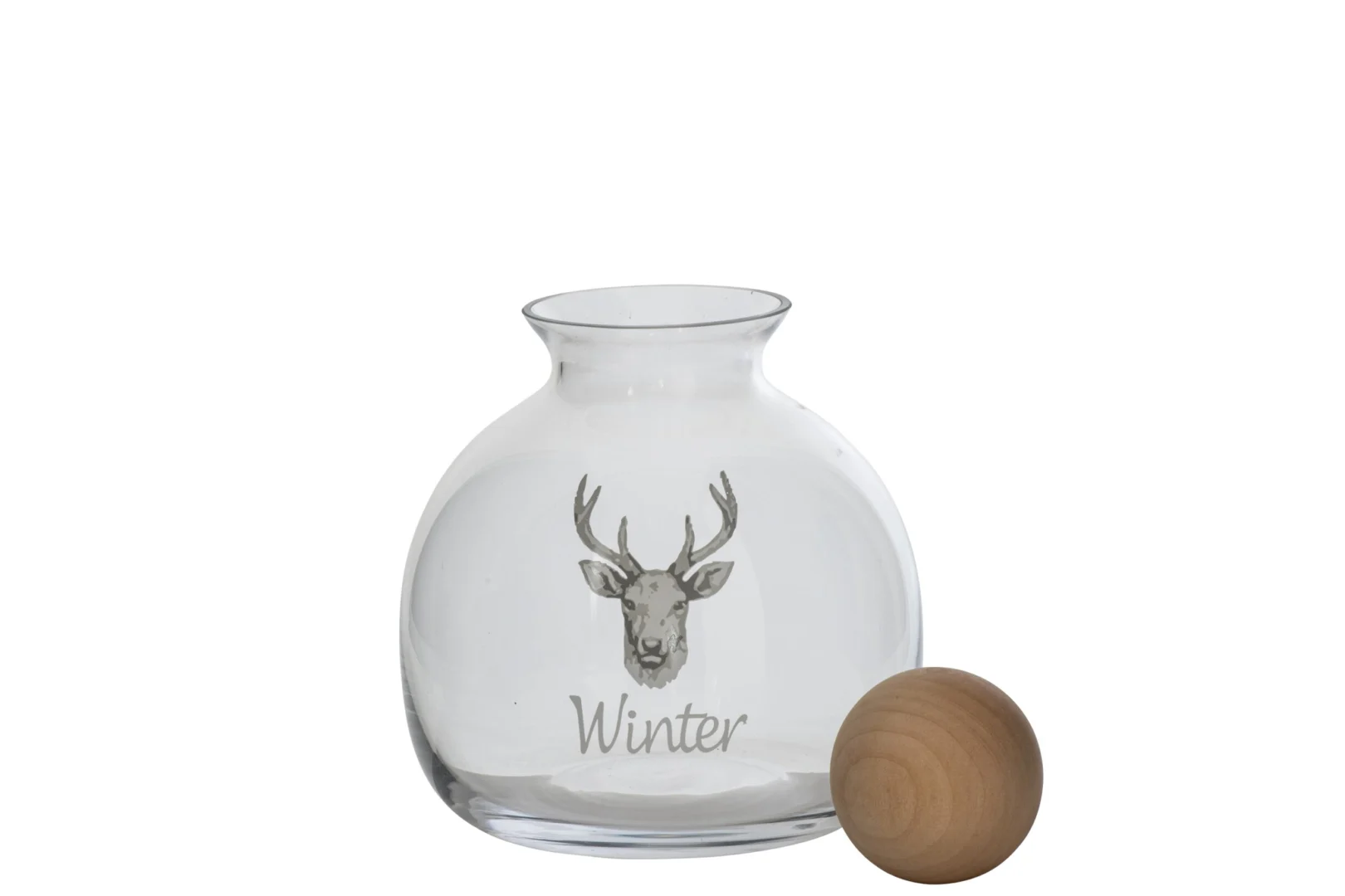 Karaf Dommia wit glas met hertenprint en houten accent, compacte decoratieve woonaccessoire
