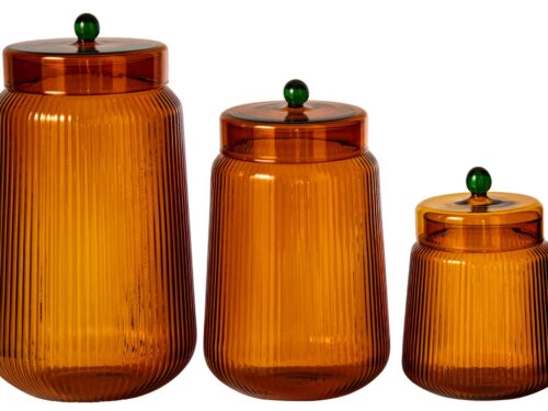 Voorraadpot Ninsoro glas oranje, set van 3 met ribbelstructuur en groene knopdeksel