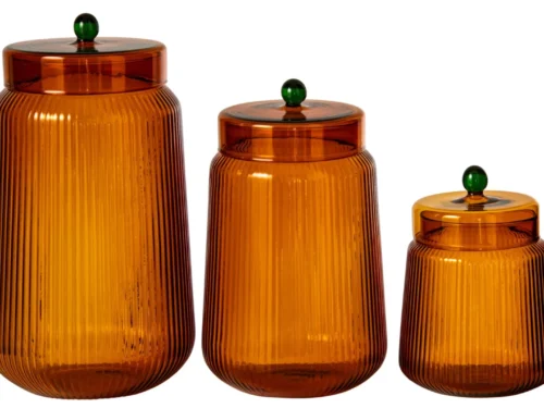 Voorraadpot Ninsoro glas oranje, set van 3 met ribbelstructuur en groene knopdeksel