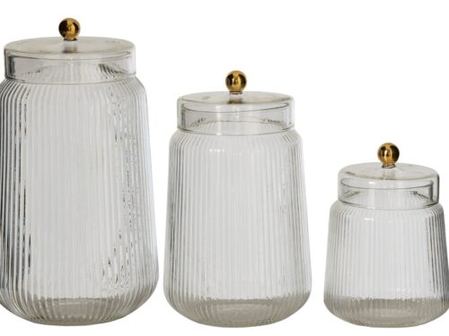 Voorraadpot Kimol glas transparant, set van 3 met goudkleurige knop en ribbelstructuur