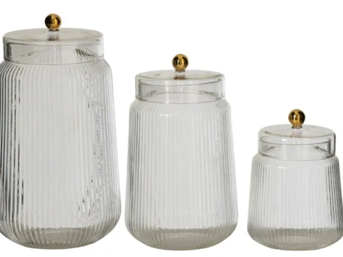 Voorraadpot Kimol glas transparant, set van 3 met goudkleurige knop en ribbelstructuur