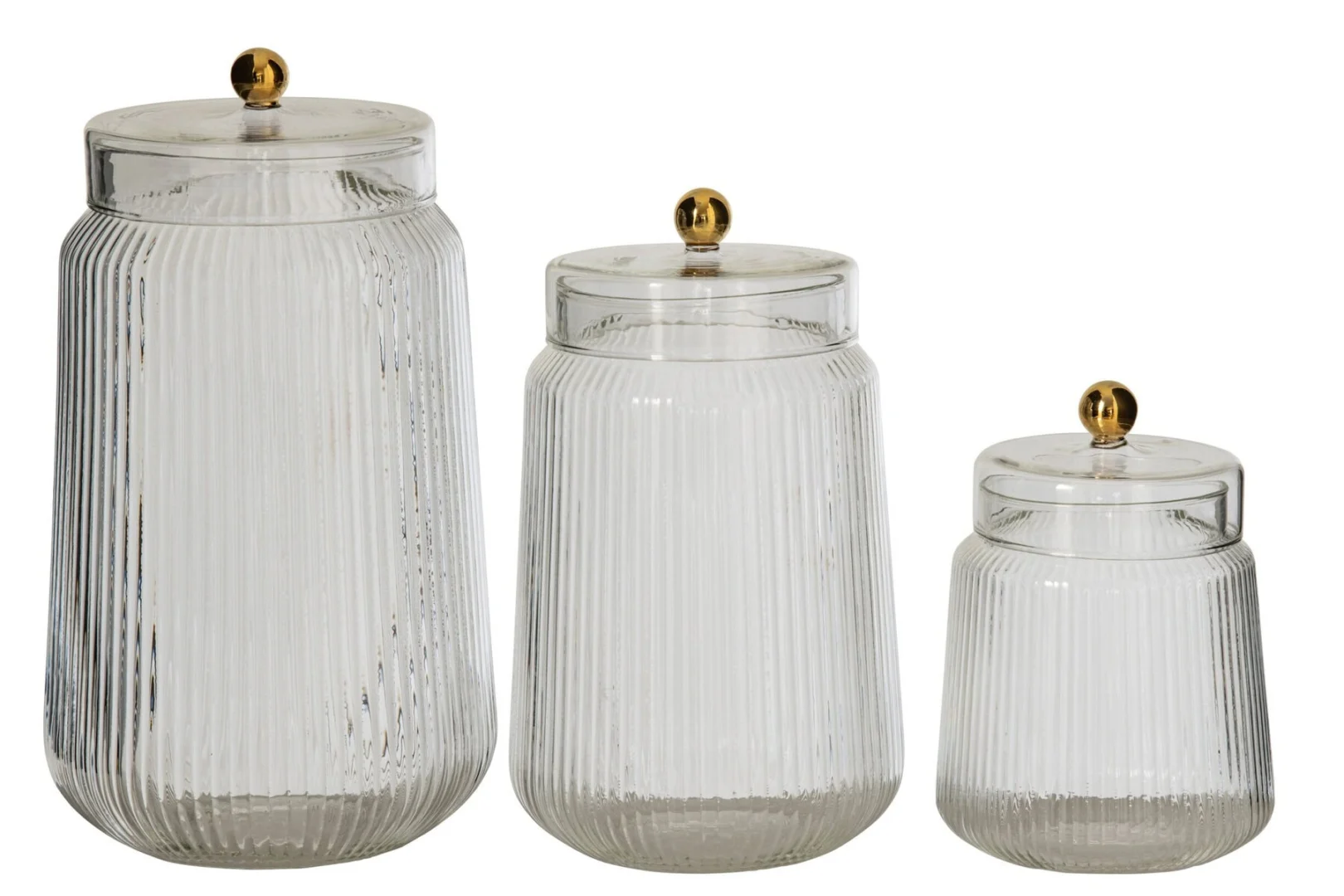 Voorraadpot Kimol glas transparant, set van 3 met goudkleurige knop en ribbelstructuur