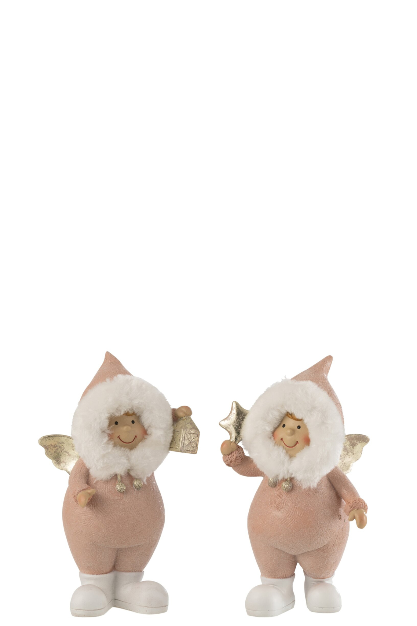Windlicht Dilvond set van 2 roze polyresin kerstfiguren met witte bontkraag en gouden vleugels