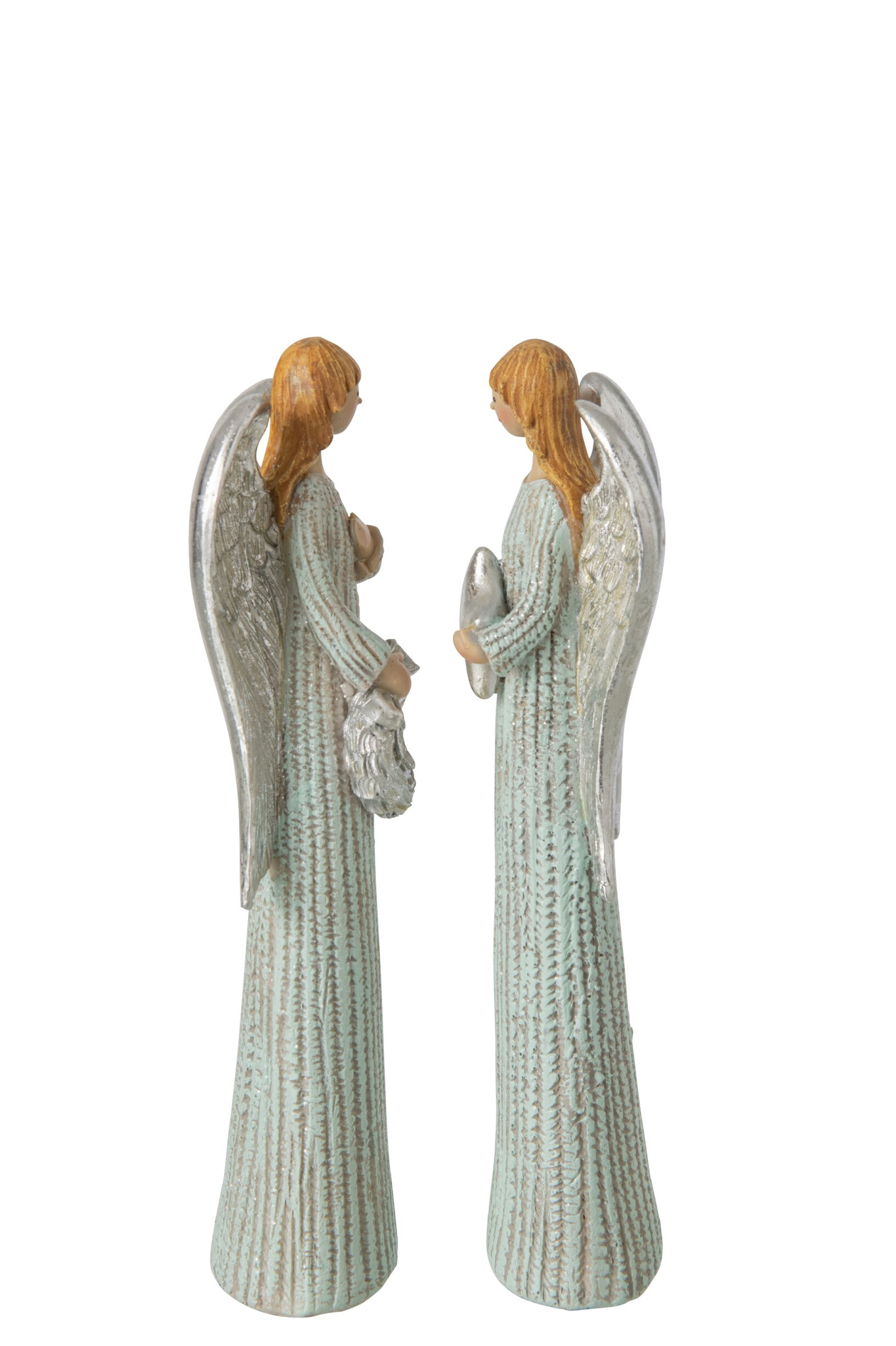 Set van 2 Fliessil engelfiguren van polyresin in lichtblauw met zilveren vleugels, H24 cm