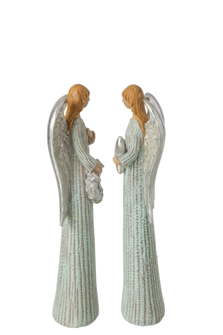 Set van 2 Fliessil engelfiguren van polyresin in lichtblauw met zilveren vleugels, H24 cm
