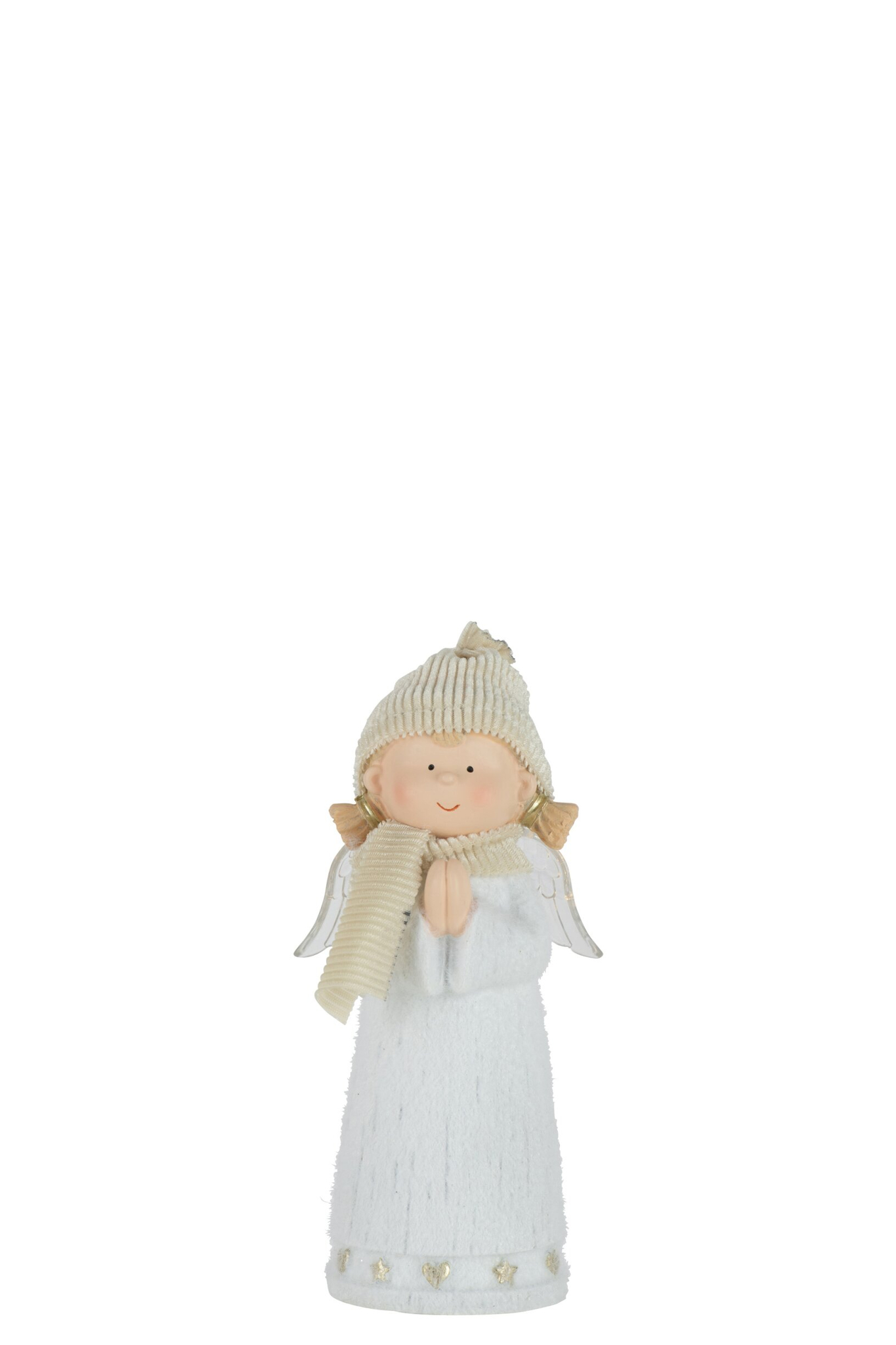 Decoratiefiguur Hummane engel in wit, met gebreide muts, sjaal en goudkleurige accenten, 17 cm hoog