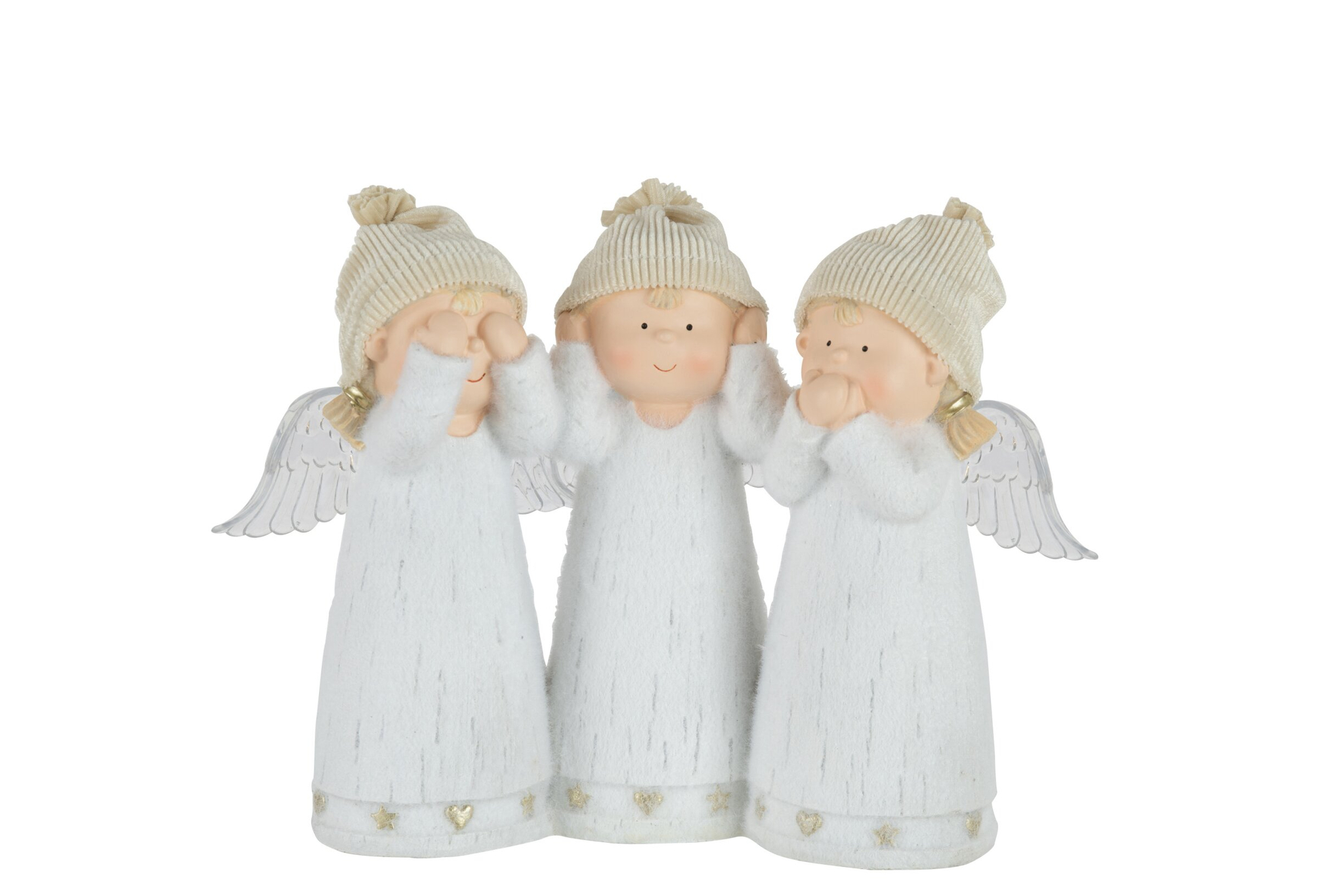 Decoratiefiguur Sleentio van polyresin: drie engeltjes in wit met zachte details en zachte, rustige uitstraling