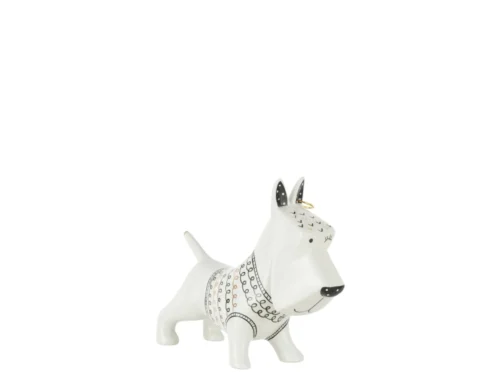 Beeld Zientang dolomiet meerkleurig, speels hondfiguur met witte afwerking en zwarte decoratieve details, H17 cm