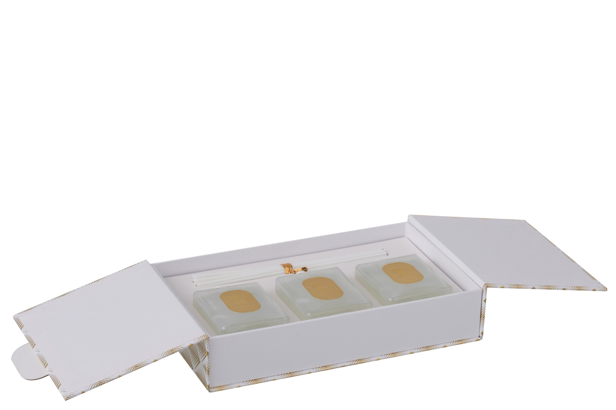 Geurolie Klaummon Wit set met drie flacons, rietstokjes en stijlvolle witte luxe verpakking
